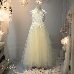 Girls Cream Lace Dress with Simple Train